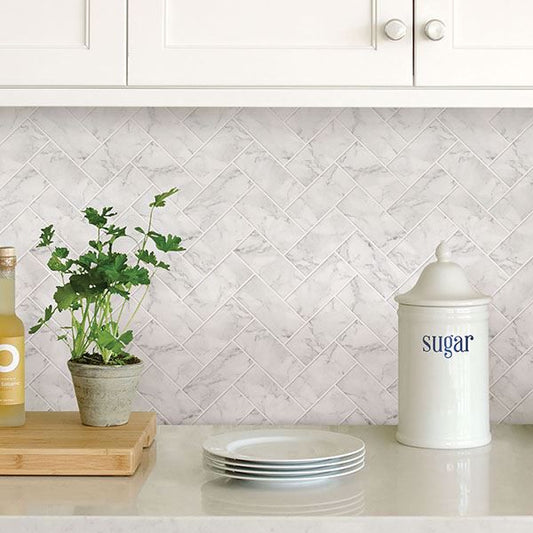 Herringbone Carrara Marble Peel and Stick Backsplash