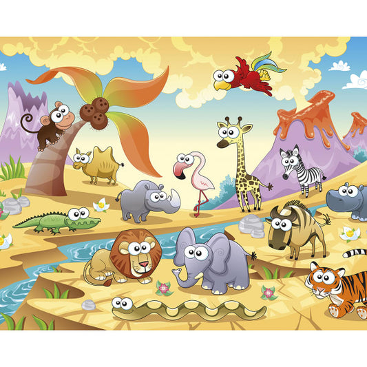 African Cartoon Animals With Volcanoes Wall Mural