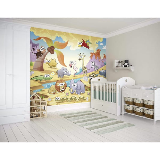 African Cartoon Animals With Volcanoes Wall Mural