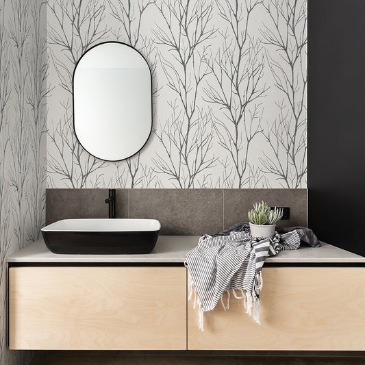 Diani Charcoal Metallic Tree Wallpaper